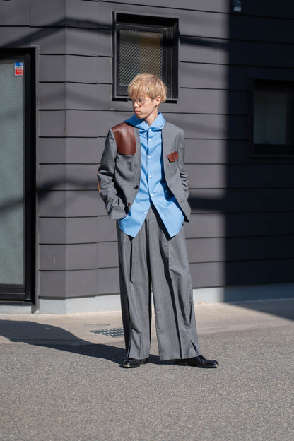 Leather-Patch No-Collar Jacket