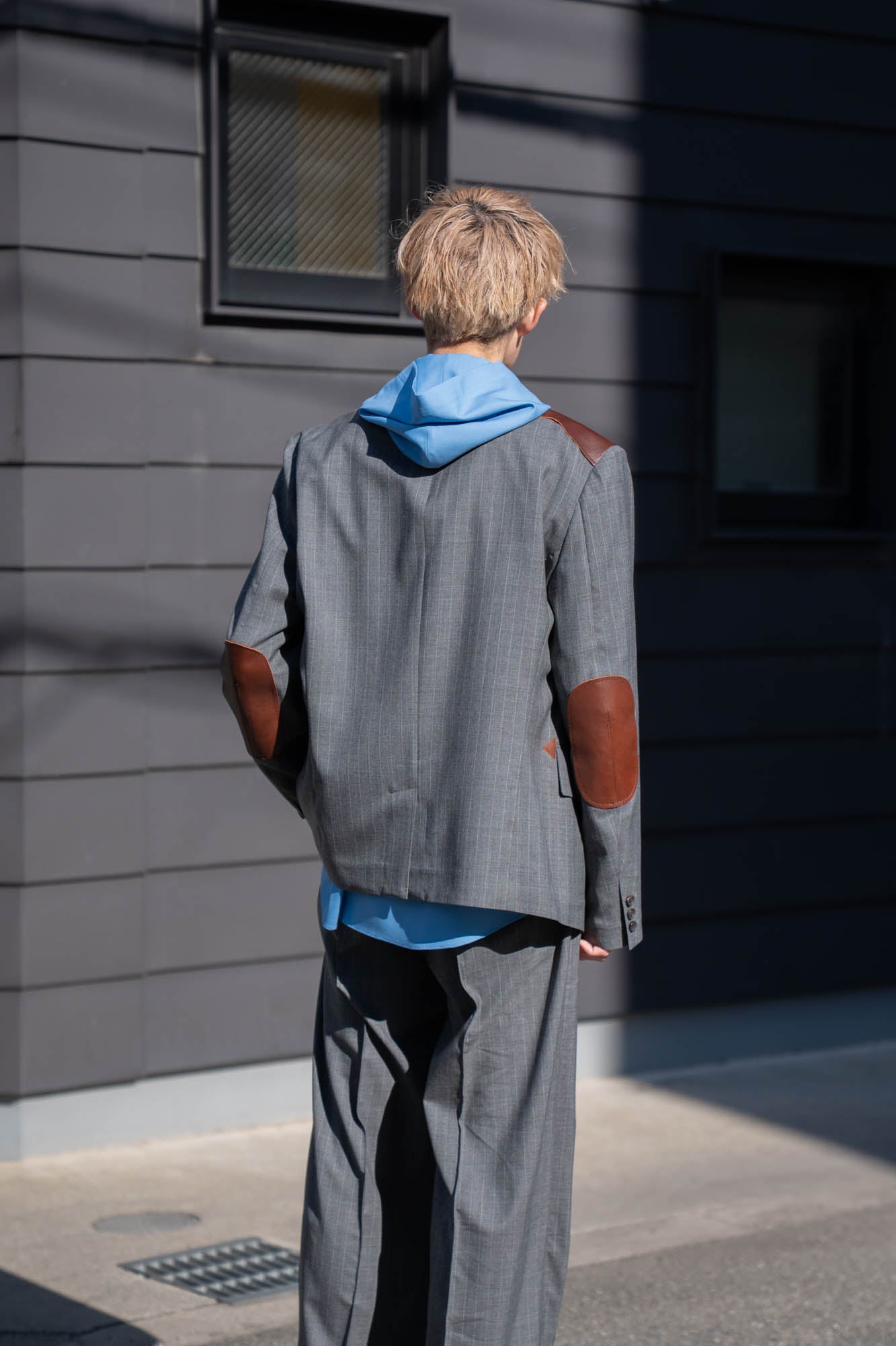 Leather-Patch No-Collar Jacket