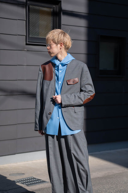 Leather-Patch No-Collar Jacket