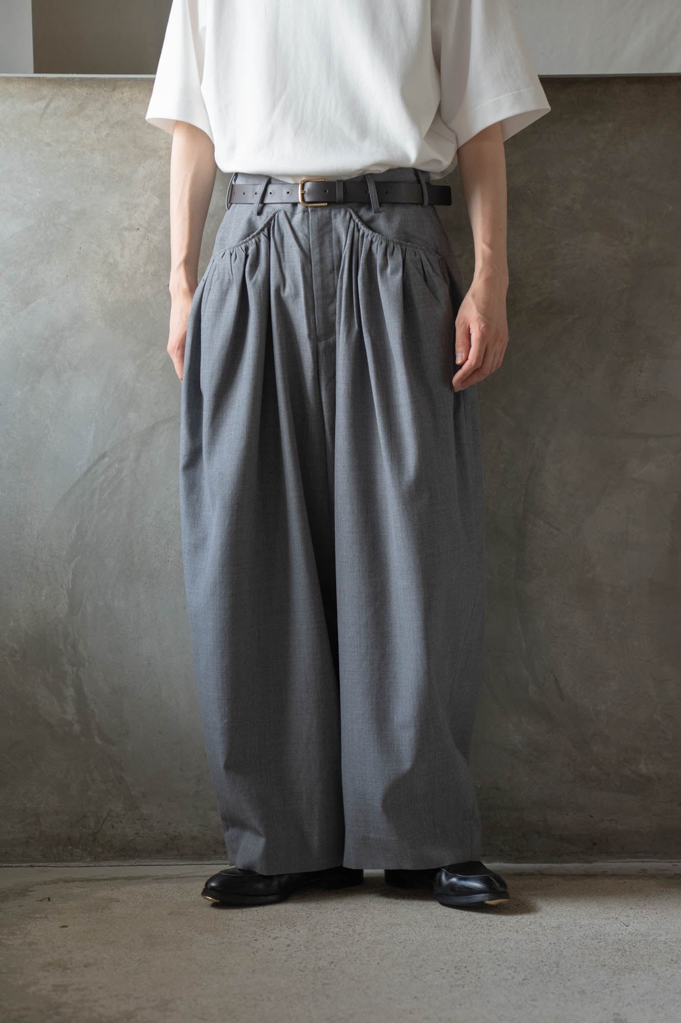Gather-detail wool gabardine pants