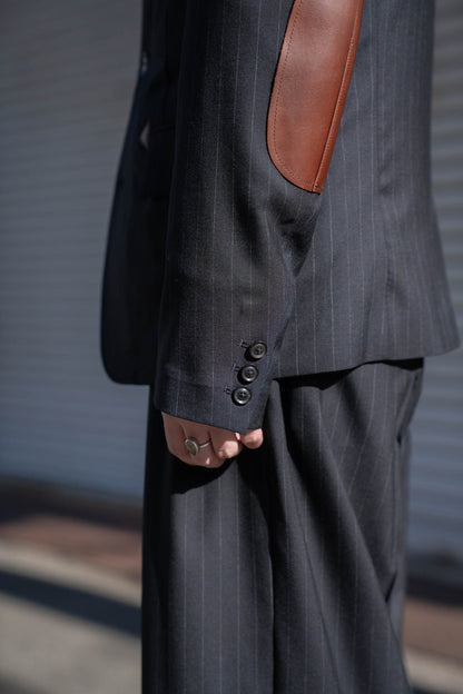 Leather-Patch No-Collar Jacket