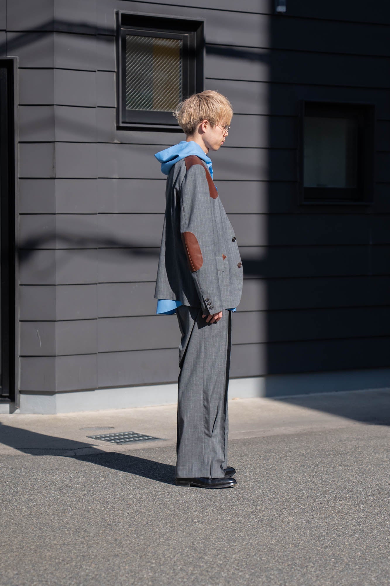 Leather-Patch No-Collar Jacket