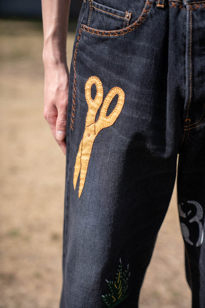 Hand-Embroidered Denim Pants