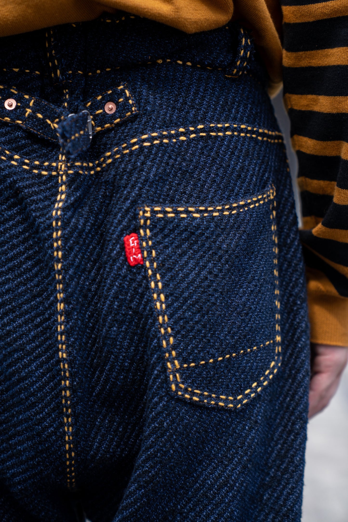 Hand Stitched Rigid Denim Knit Pants