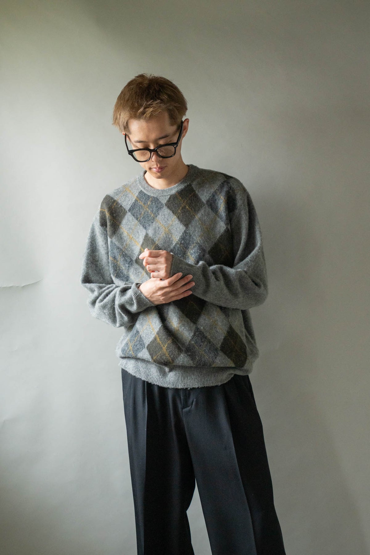 FINE WOOL ARGYLE KNIT CREW NECK LS(ST.1649)
