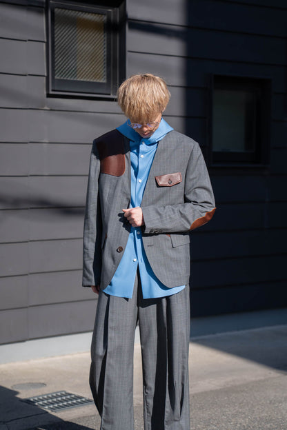 Leather-Patch No-Collar Jacket