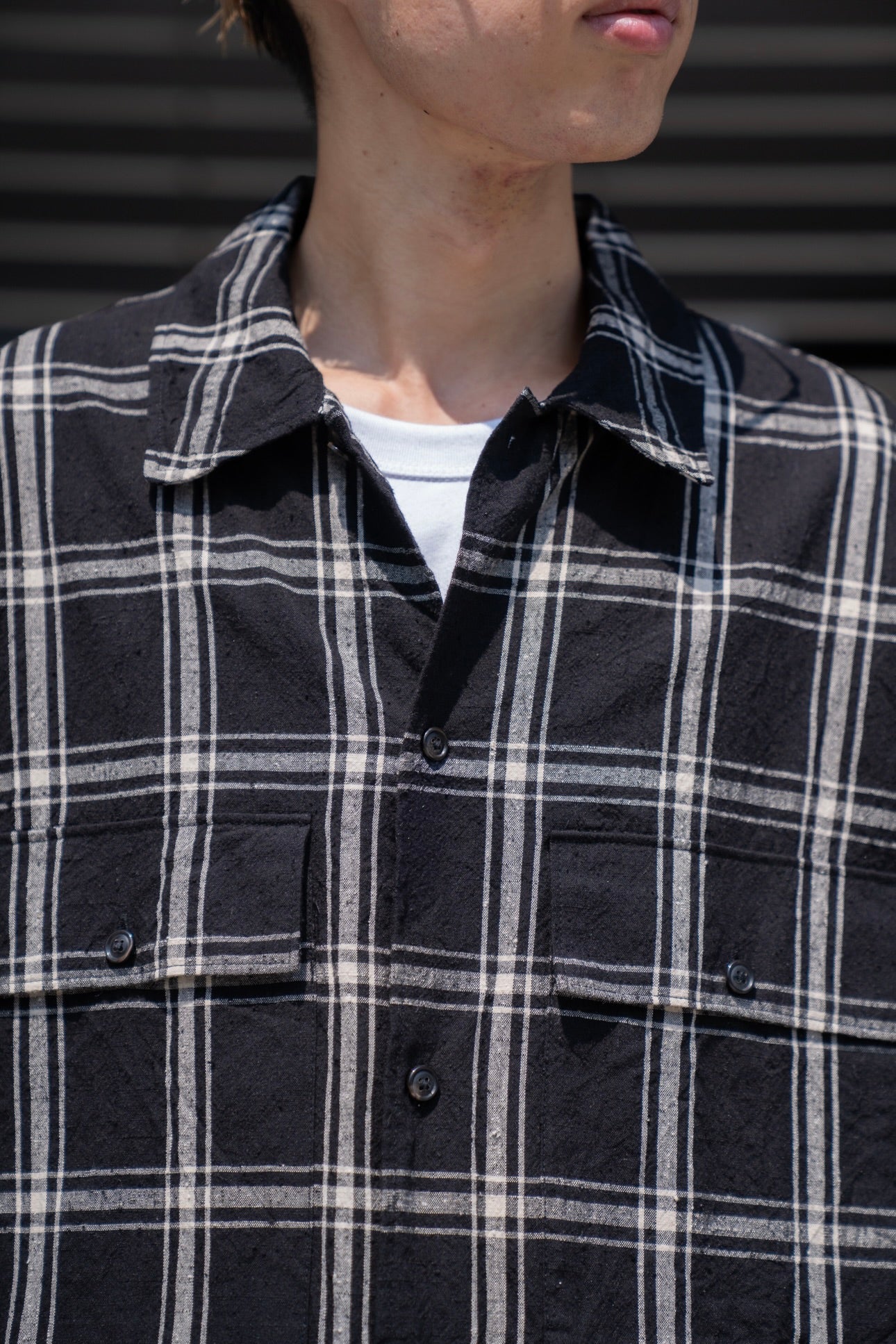 Silk/Cottn Nep Plaid Military Shirt
