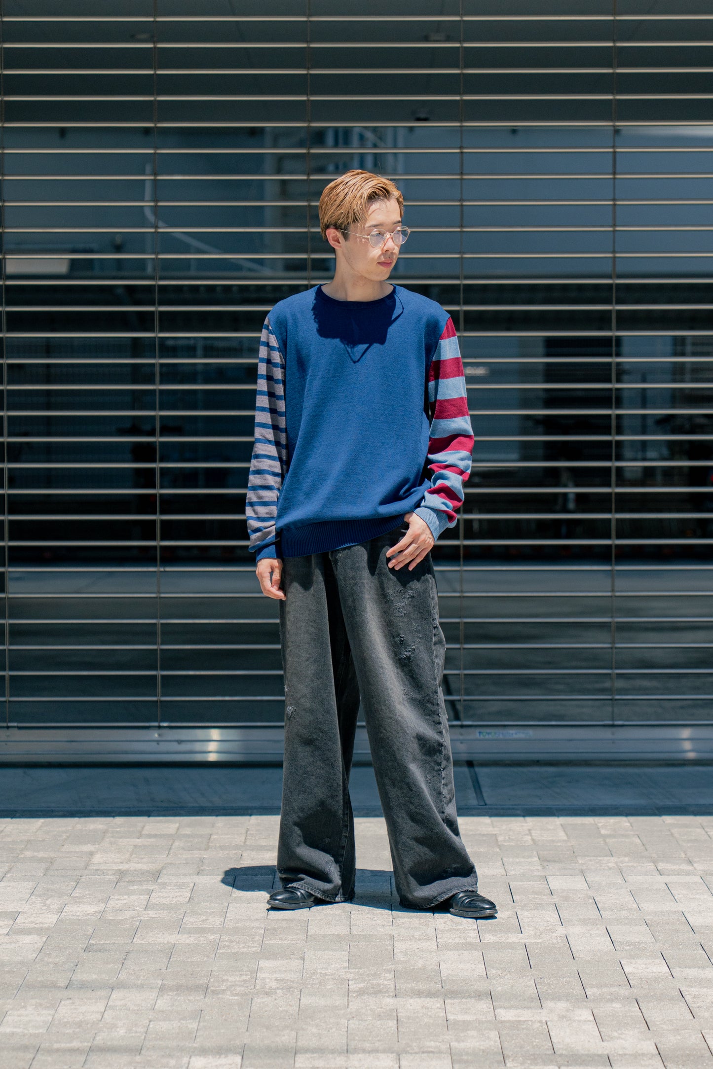 COTTON CASHMERE BORDER SLEEVE SWEATER