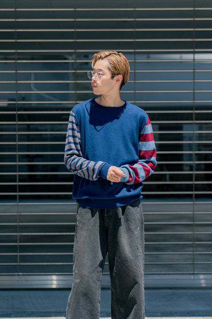 COTTON CASHMERE BORDER SLEEVE SWEATER