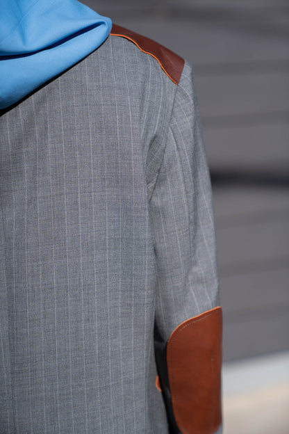 Leather-Patch No-Collar Jacket