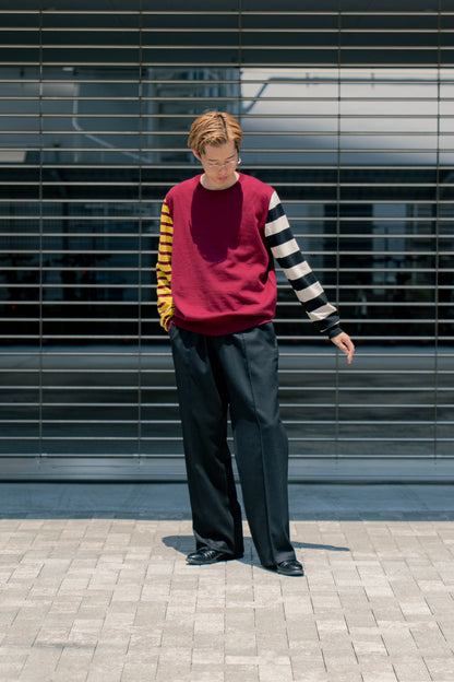 COTTON CASHMERE BORDER SLEEVE SWEATER