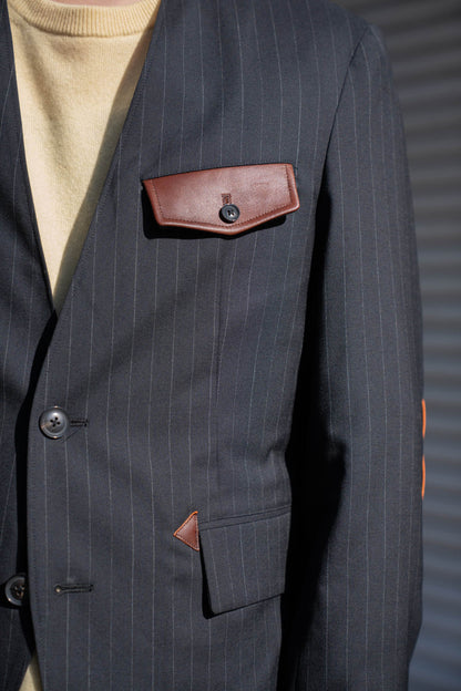 Leather-Patch No-Collar Jacket