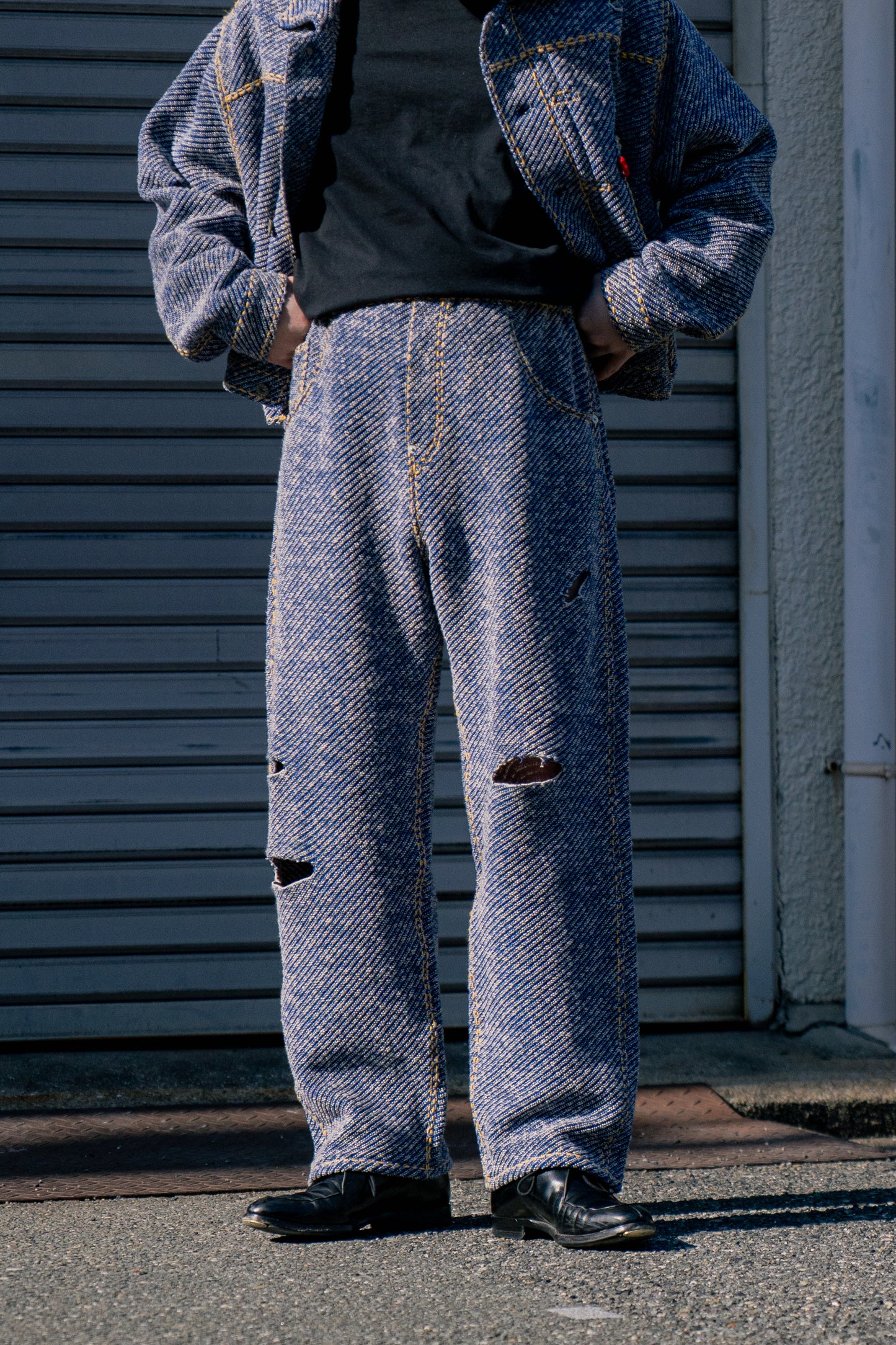 Hand-Stitched Damaged Denim Knit Pants 