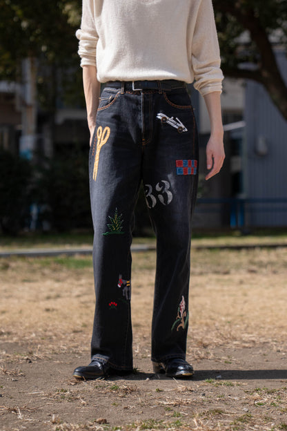 Hand-Embroidered Denim Pants