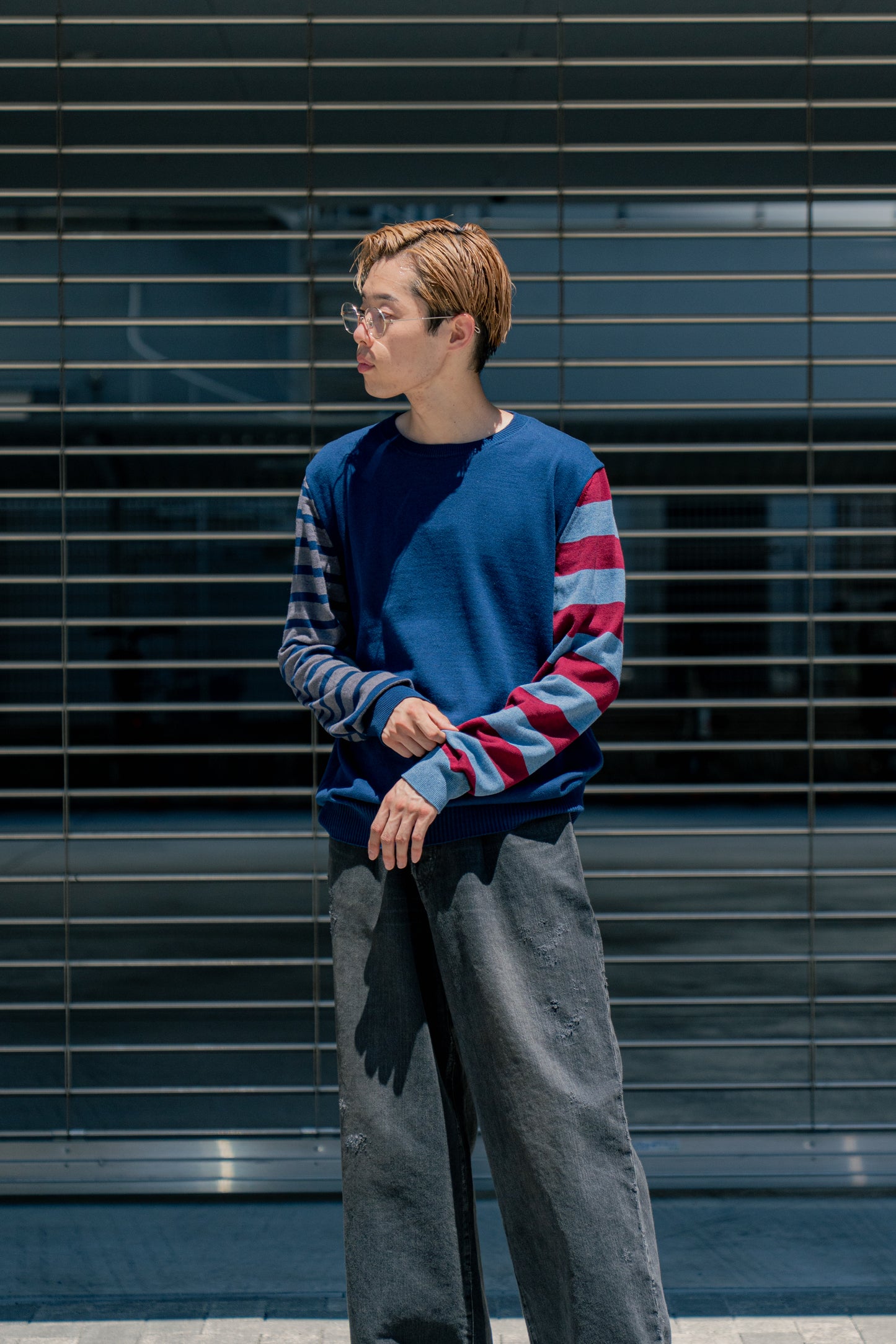 COTTON CASHMERE BORDER SLEEVE SWEATER