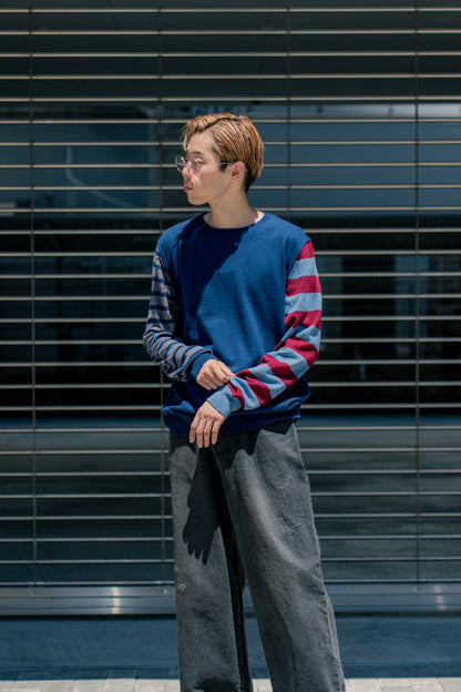 COTTON CASHMERE BORDER SLEEVE SWEATER