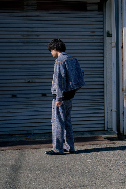 Hand-Stitched Damaged Denim Knit Pants 