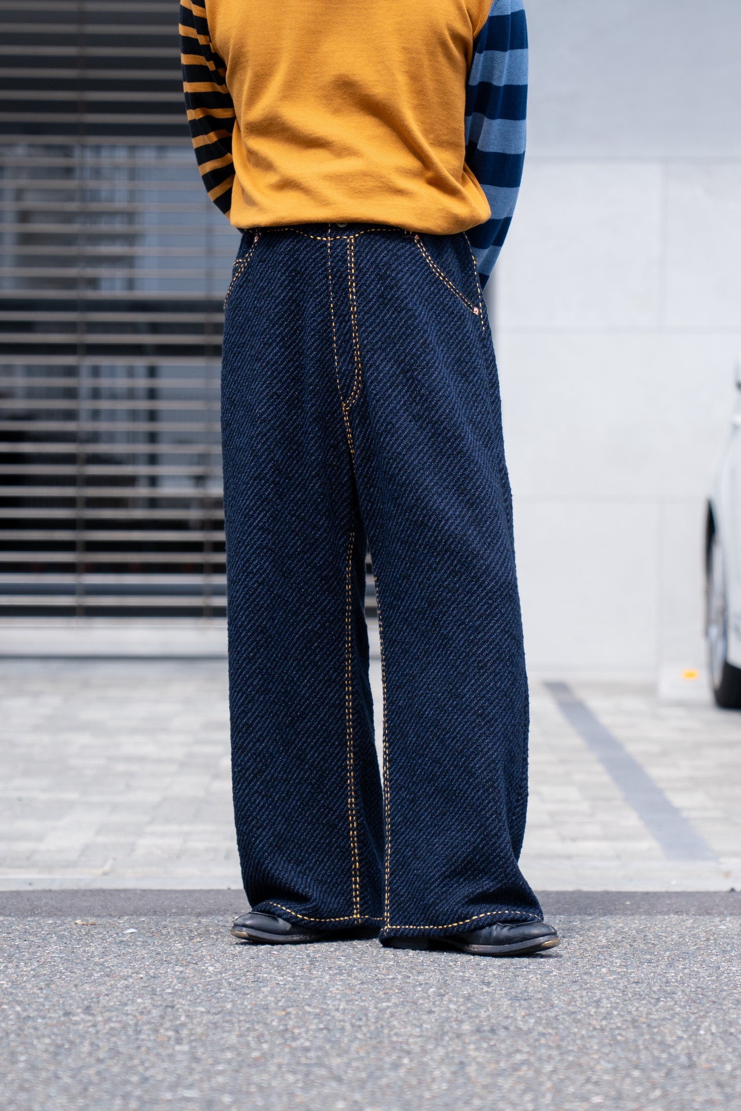 Hand Stitched Rigid Denim Knit Pants