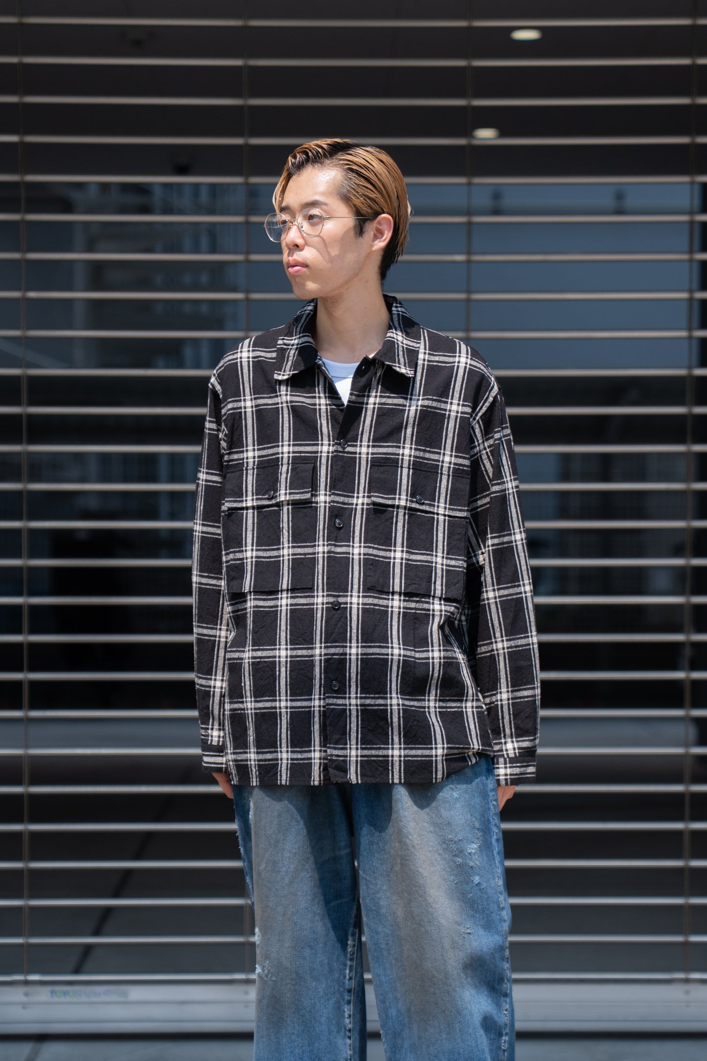 Silk/Cottn Nep Plaid Military Shirt