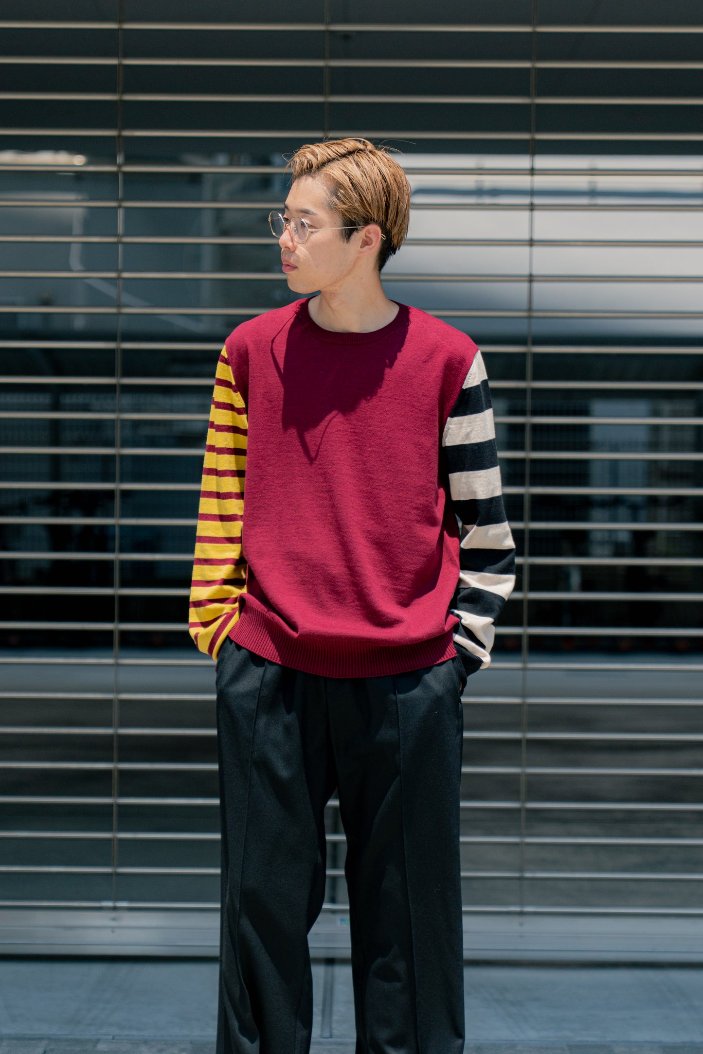 COTTON CASHMERE BORDER SLEEVE SWEATER