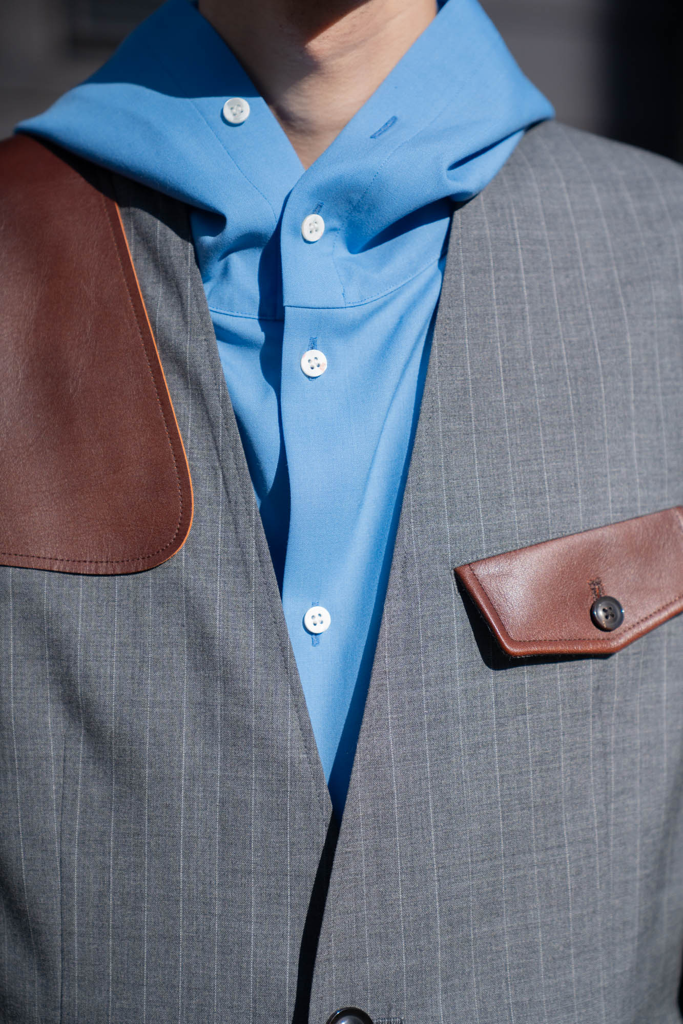 Leather-Patch No-Collar Jacket