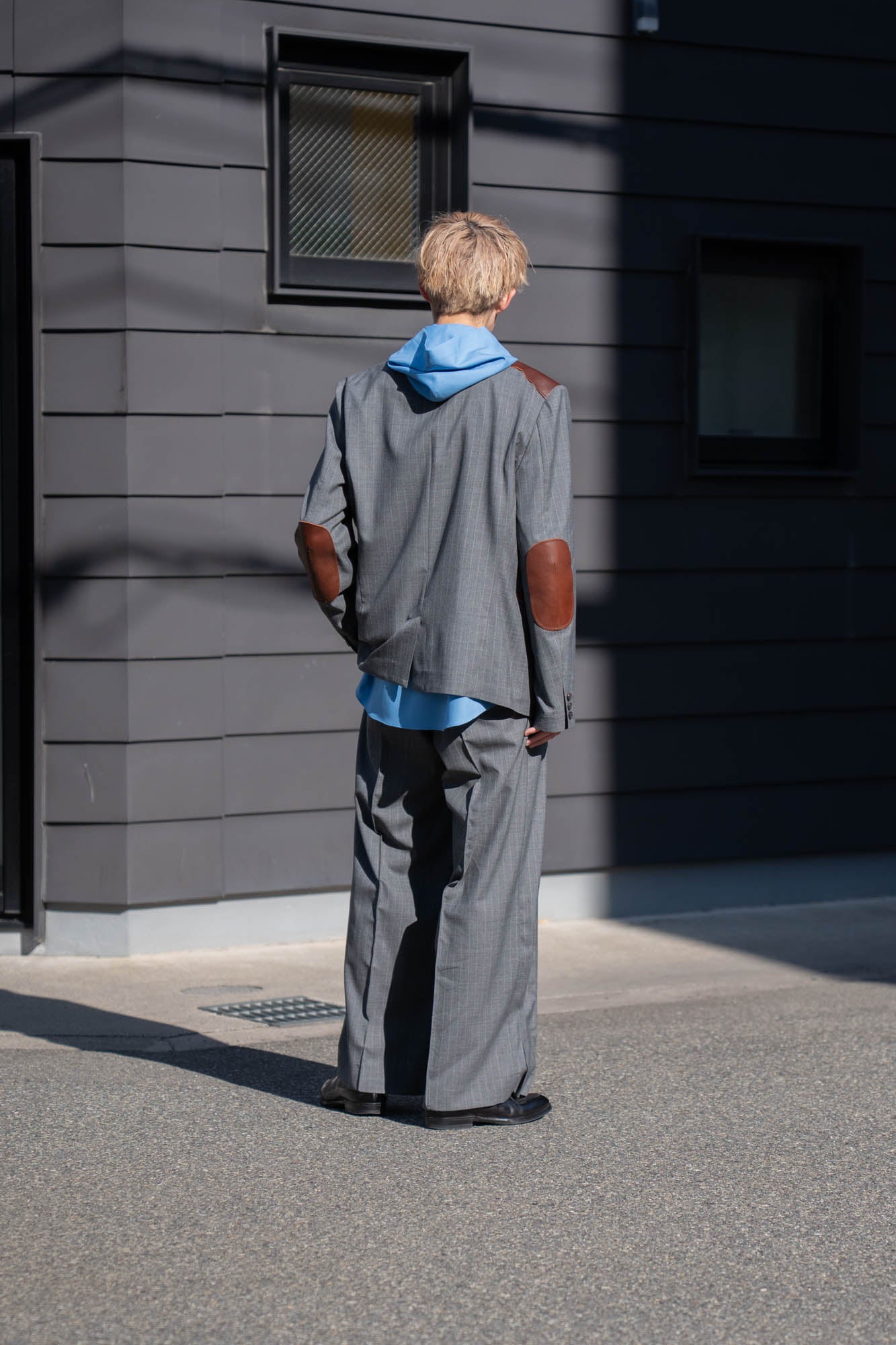 Leather-Patch No-Collar Jacket