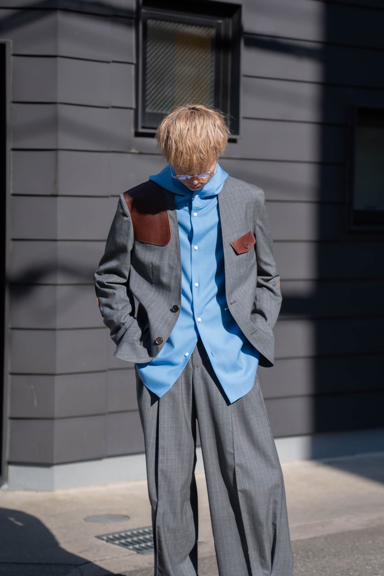 Leather-Patch No-Collar Jacket