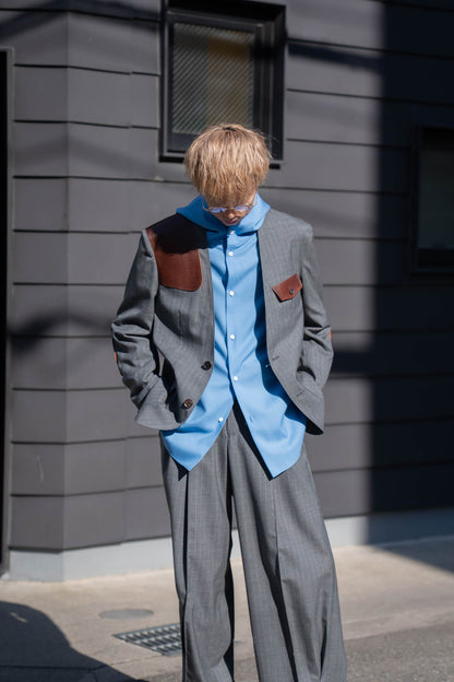 Leather-Patch No-Collar Jacket