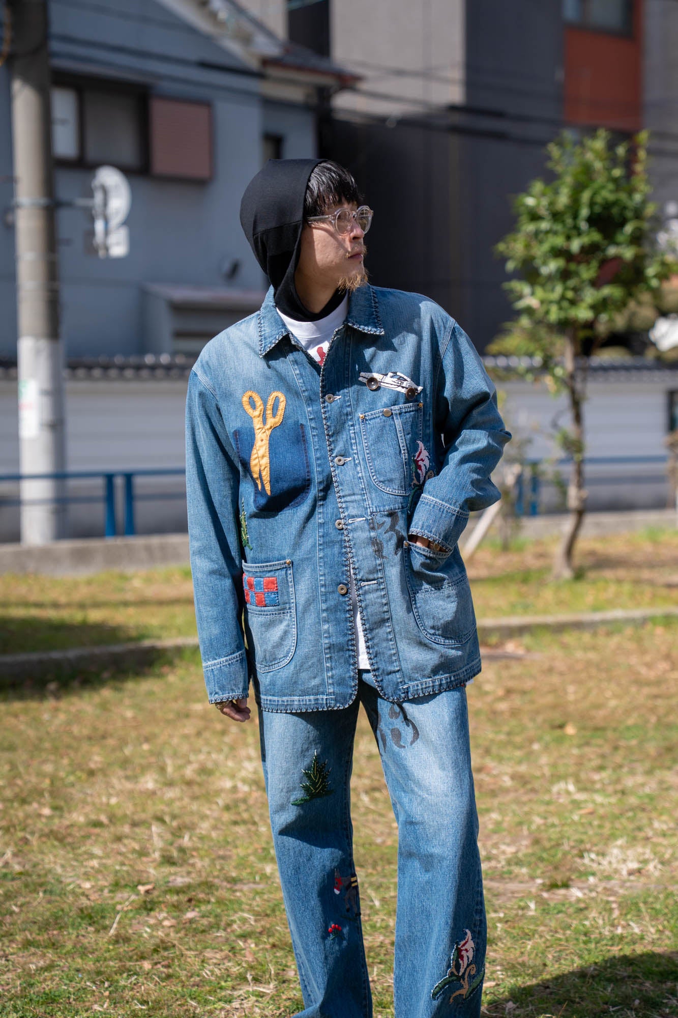 Hand-Embroidered Denim Coverall – sign | サイン