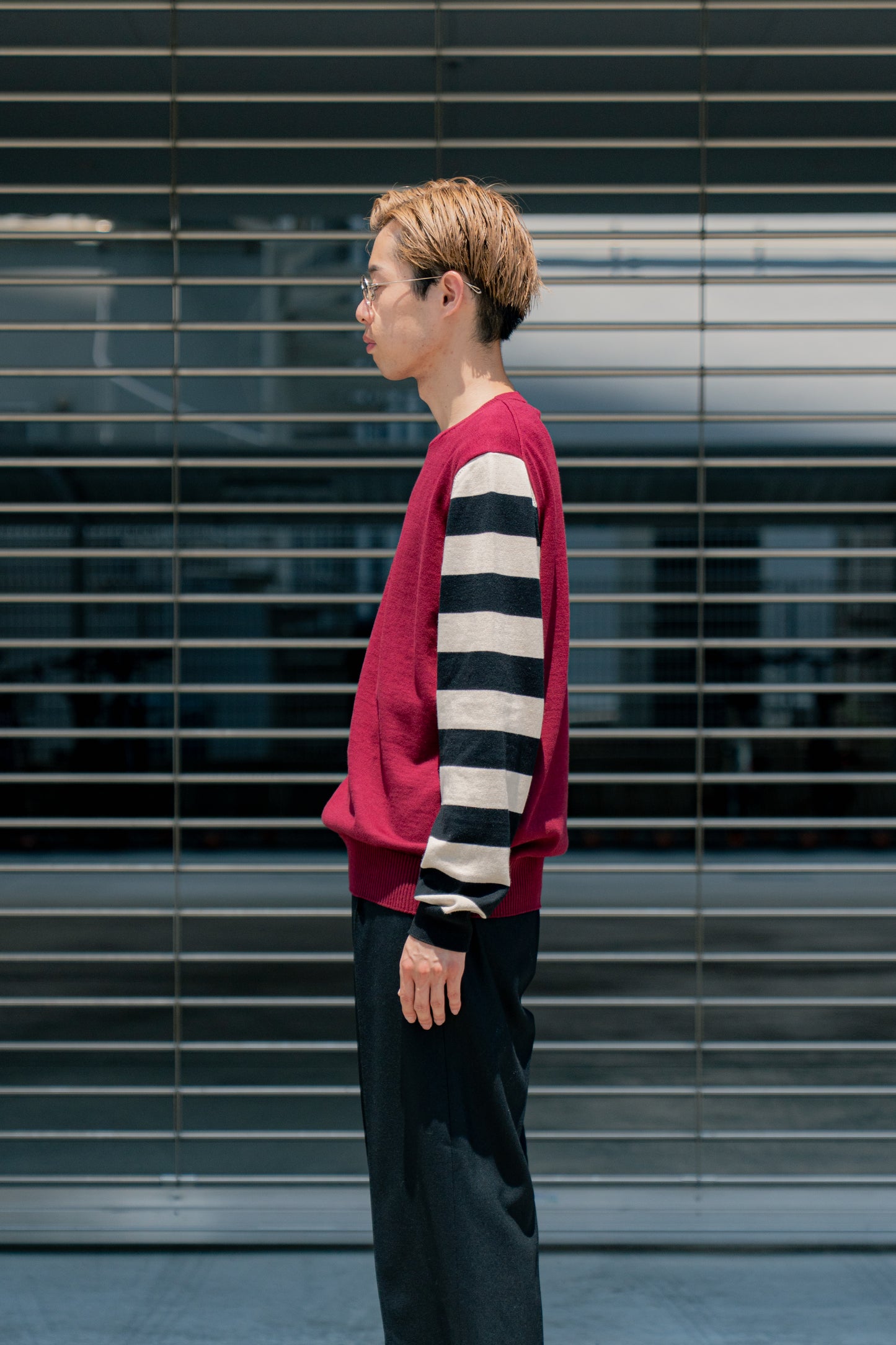 COTTON CASHMERE BORDER SLEEVE SWEATER