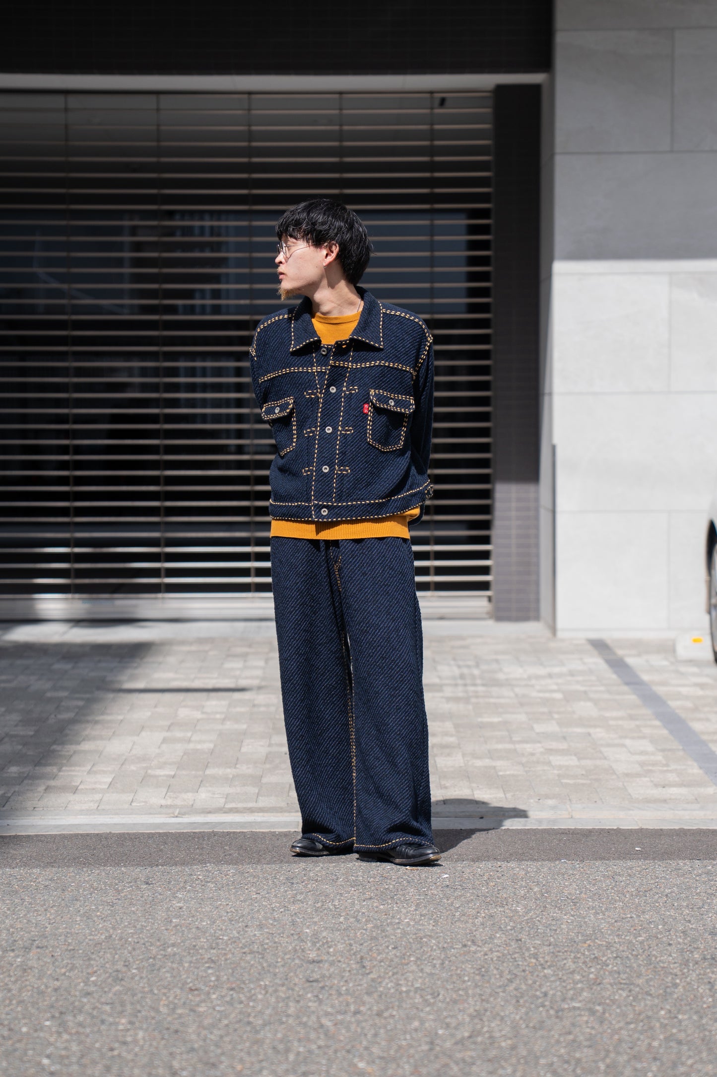 Hand Stitched Rigid Denim Knit Pants