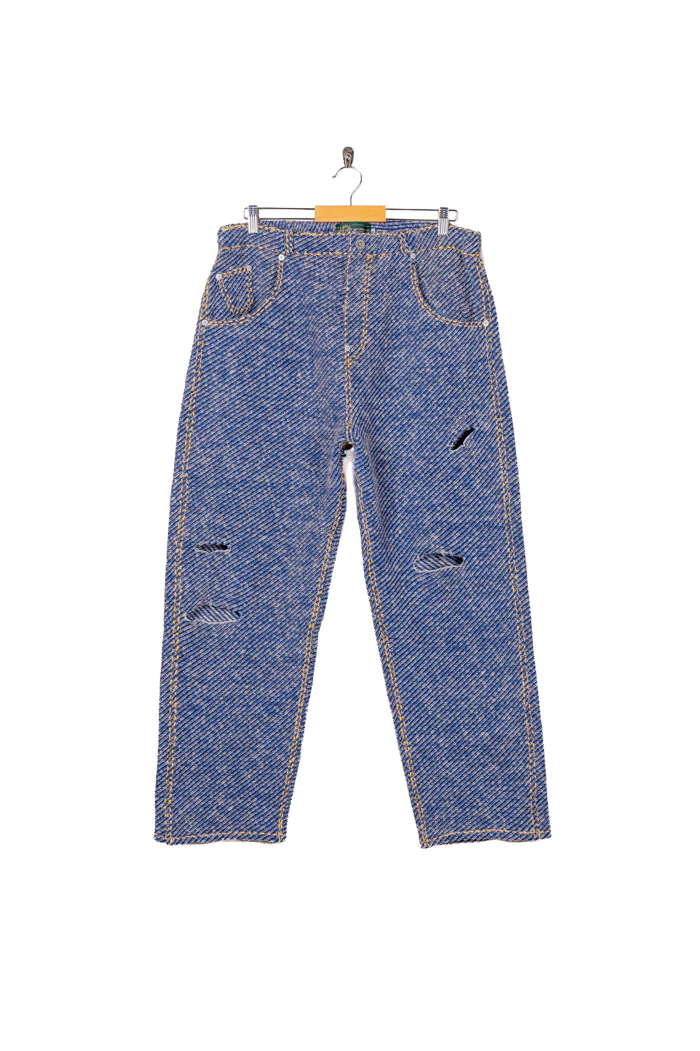 Hand-Stitched Damaged Denim Knit Pants 