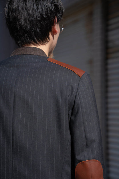 Leather-Patch No-Collar Jacket