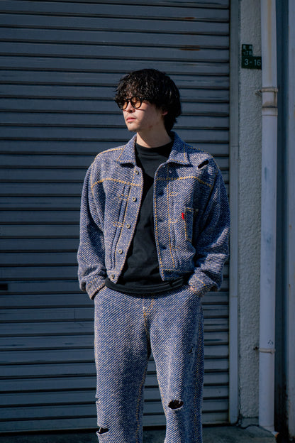 Hand-Stitched Damaged Denim Knit Jacket