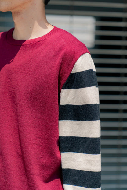 COTTON CASHMERE BORDER SLEEVE SWEATER
