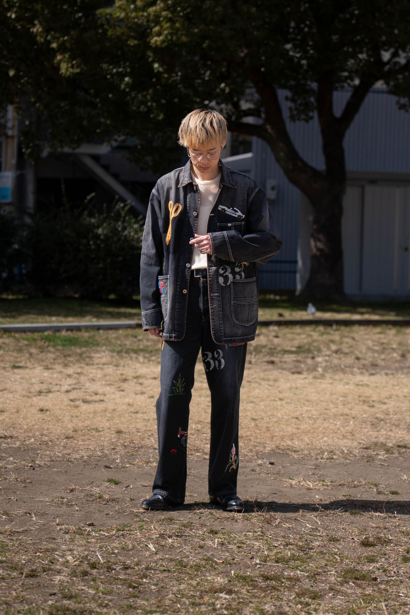 Hand-Embroidered Denim Pants