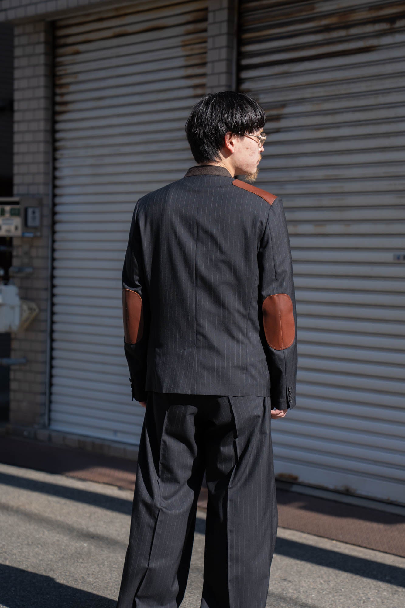 Leather-Patch No-Collar Jacket