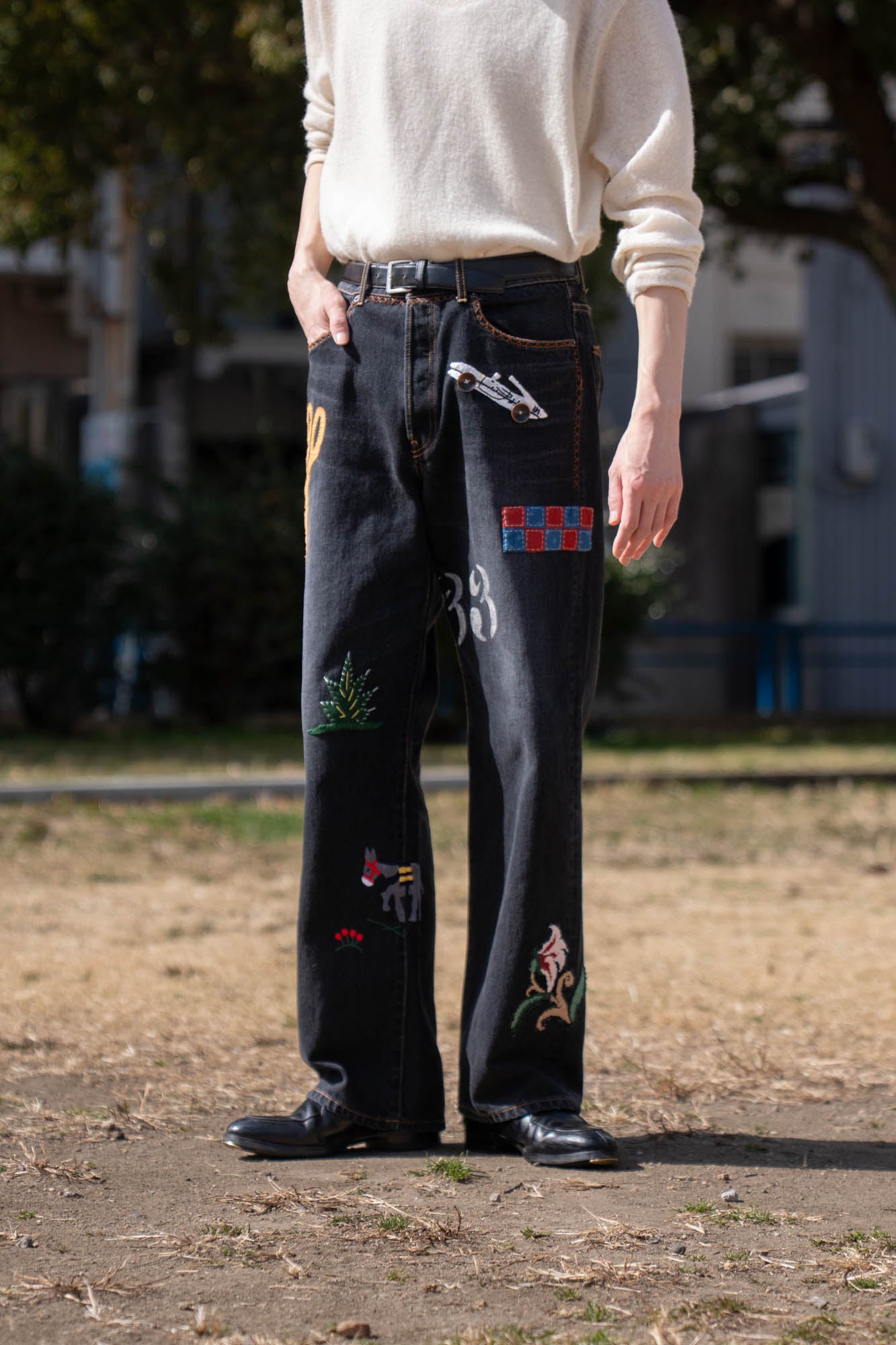 Hand-Embroidered Denim Pants