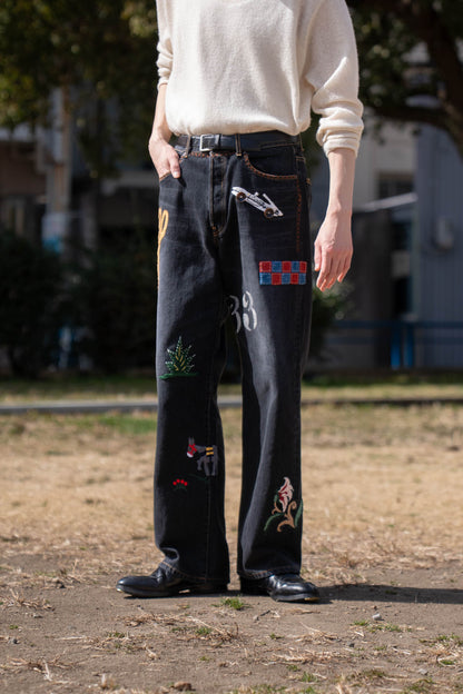 Hand-Embroidered Denim Pants