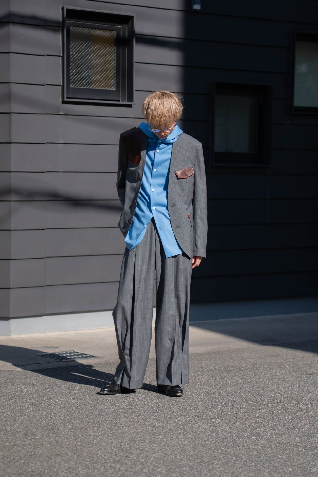 Leather-Patch No-Collar Jacket