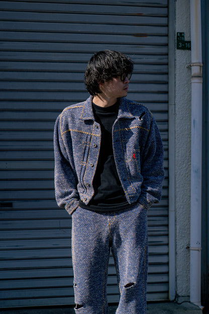 Hand-Stitched Damaged Denim Knit Jacket