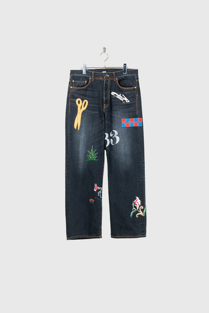 Hand-Embroidered Denim Pants