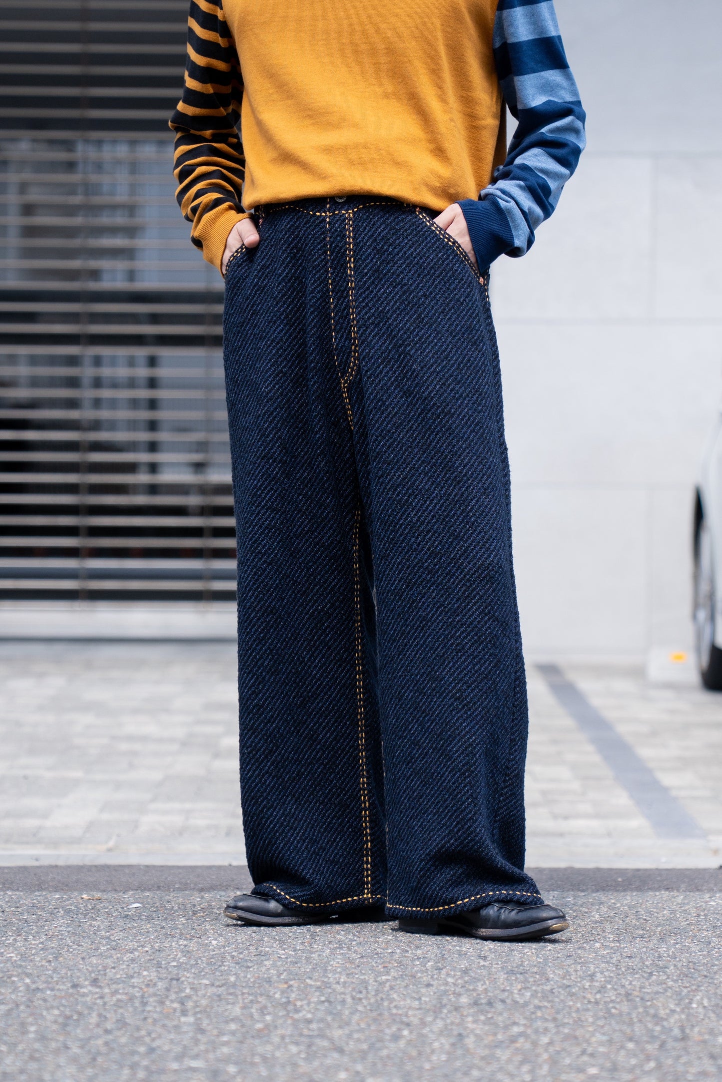 Hand Stitched Rigid Denim Knit Pants