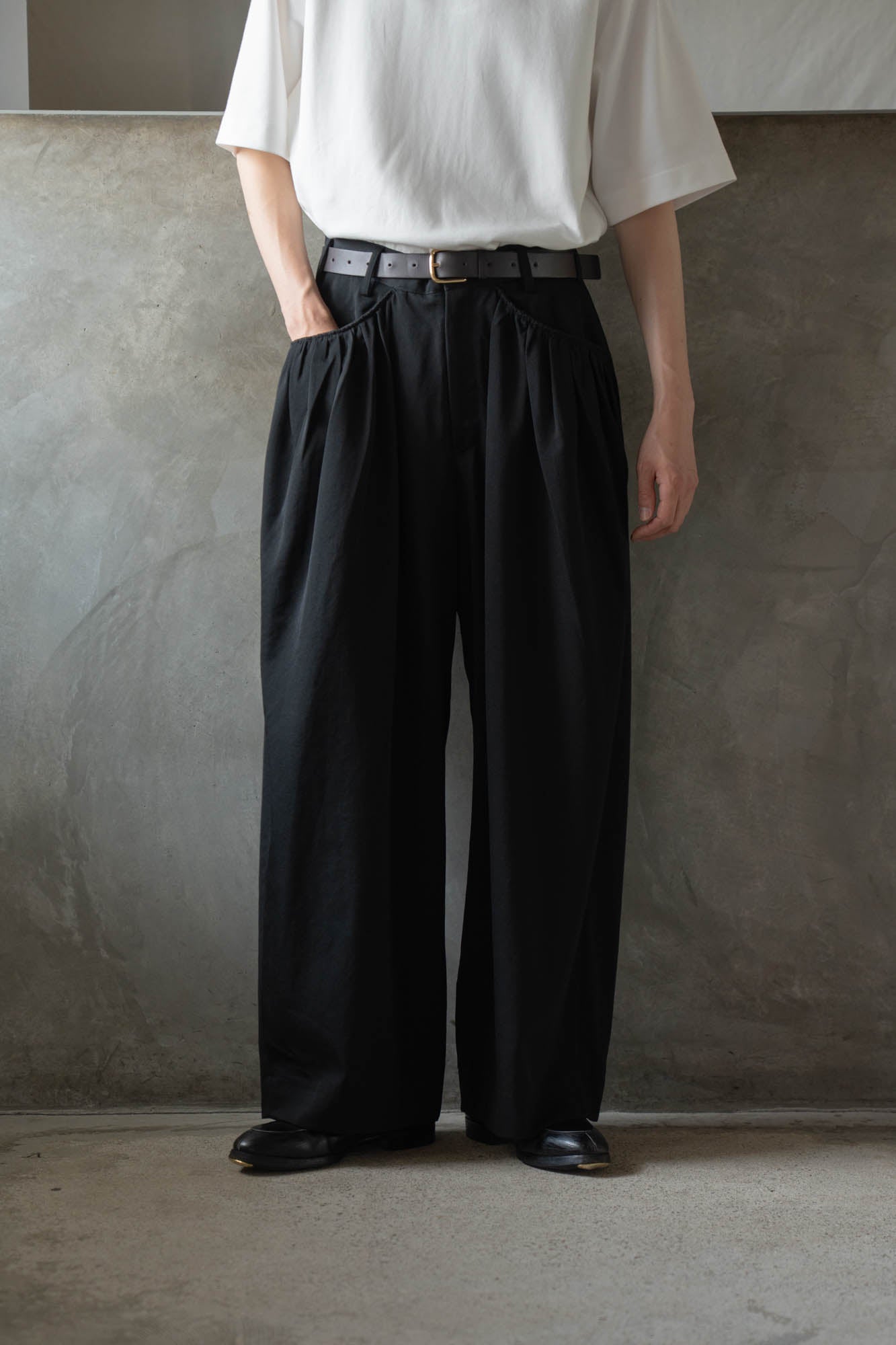 Gather-detail wool gabardine pants