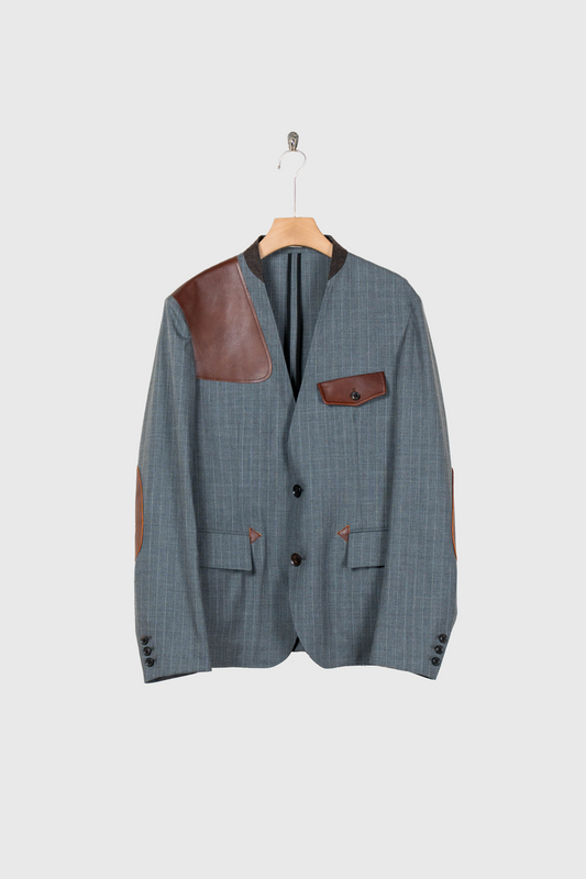 Leather-Patch No-Collar Jacket