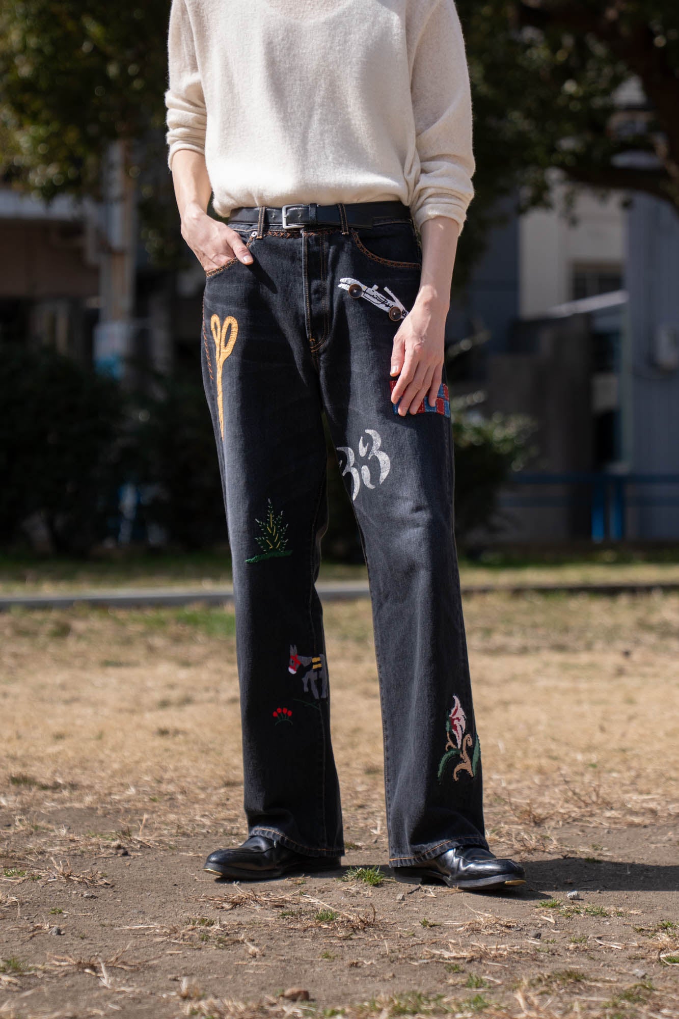 Hand-Embroidered Denim Pants