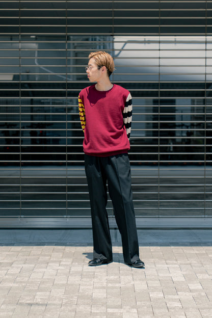 COTTON CASHMERE BORDER SLEEVE SWEATER