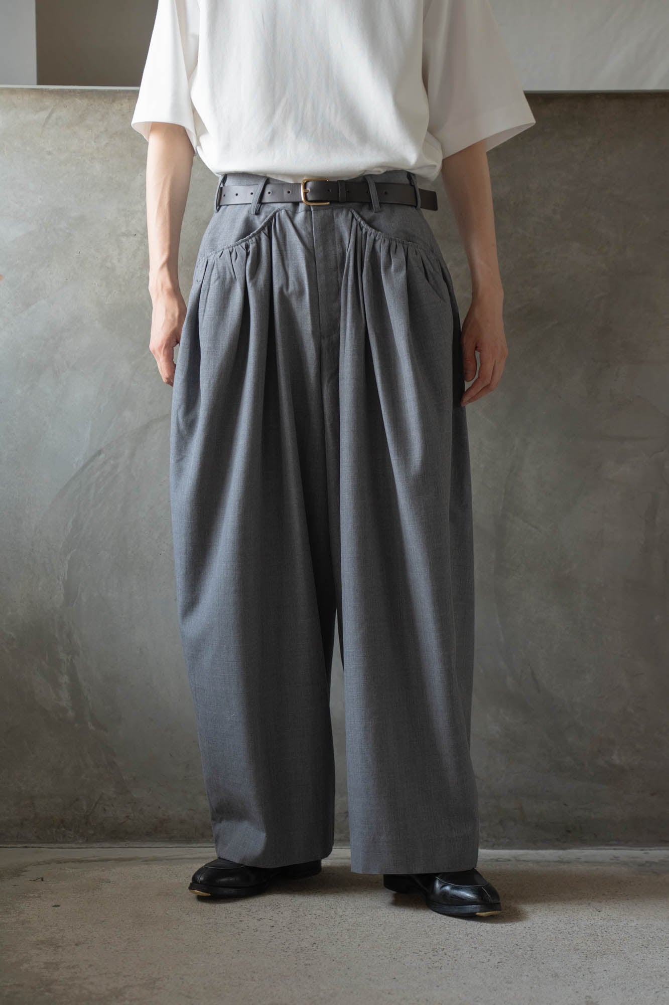 Gather-detail wool gabardine pants