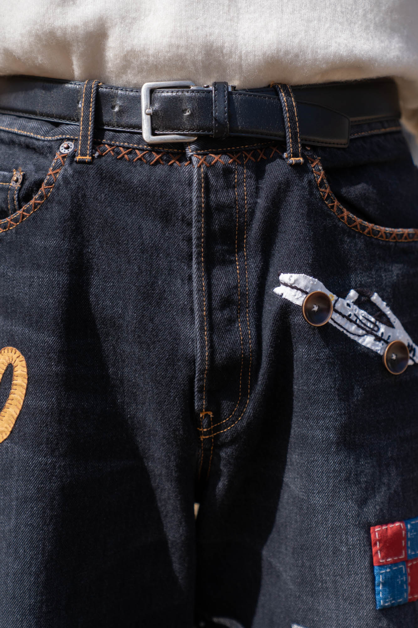Hand-Embroidered Denim Pants