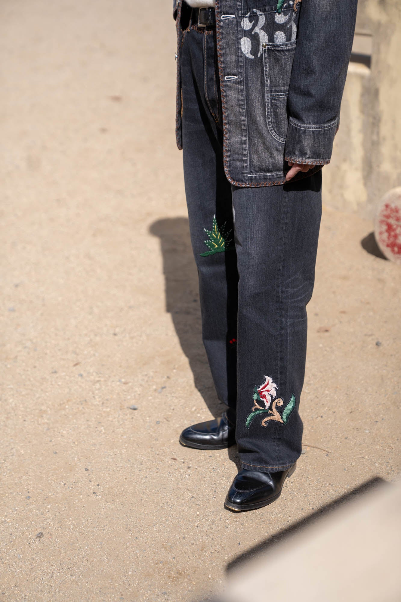 Hand-Embroidered Denim Pants